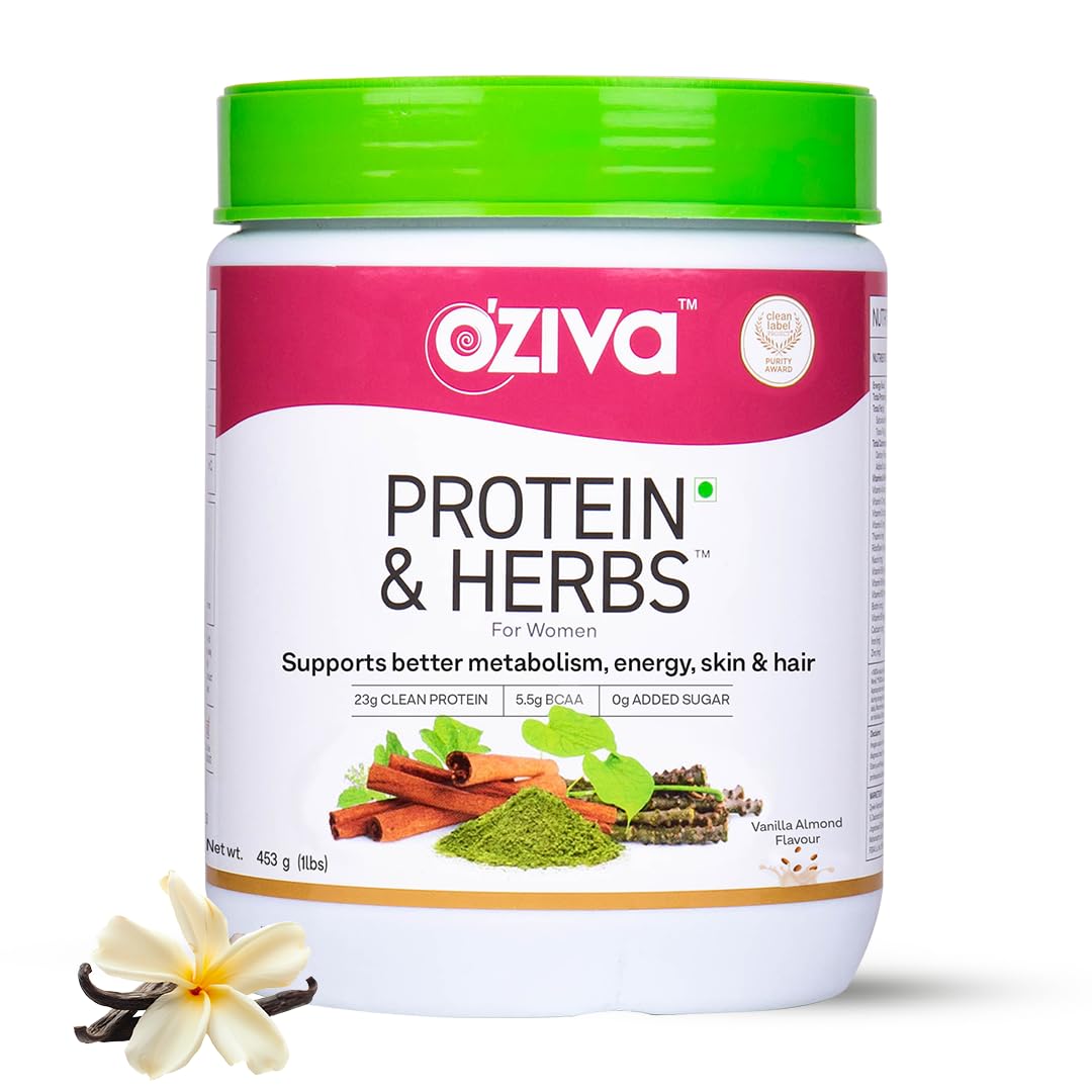 OZiva Protein & Herbs for Women (Vanilla Almond) I Manage Weight, Energy & Metabolism | Clean Protein, Shatavari, Green Tea I No Added Sugar, 1lbs (453gm)